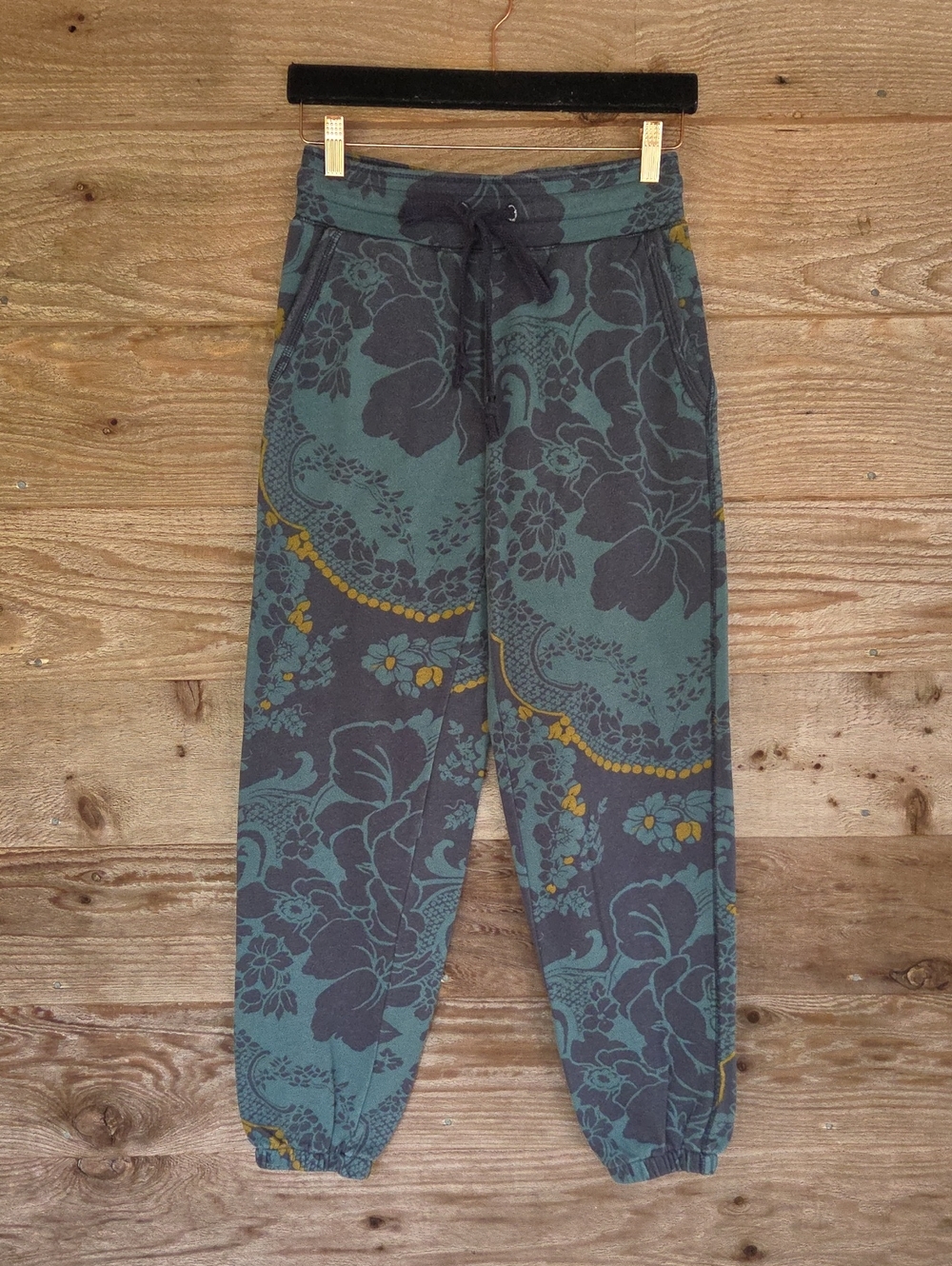 Anthropologie Saturday Sunday XS Teal Floral Print Jogger with Mustard Accents